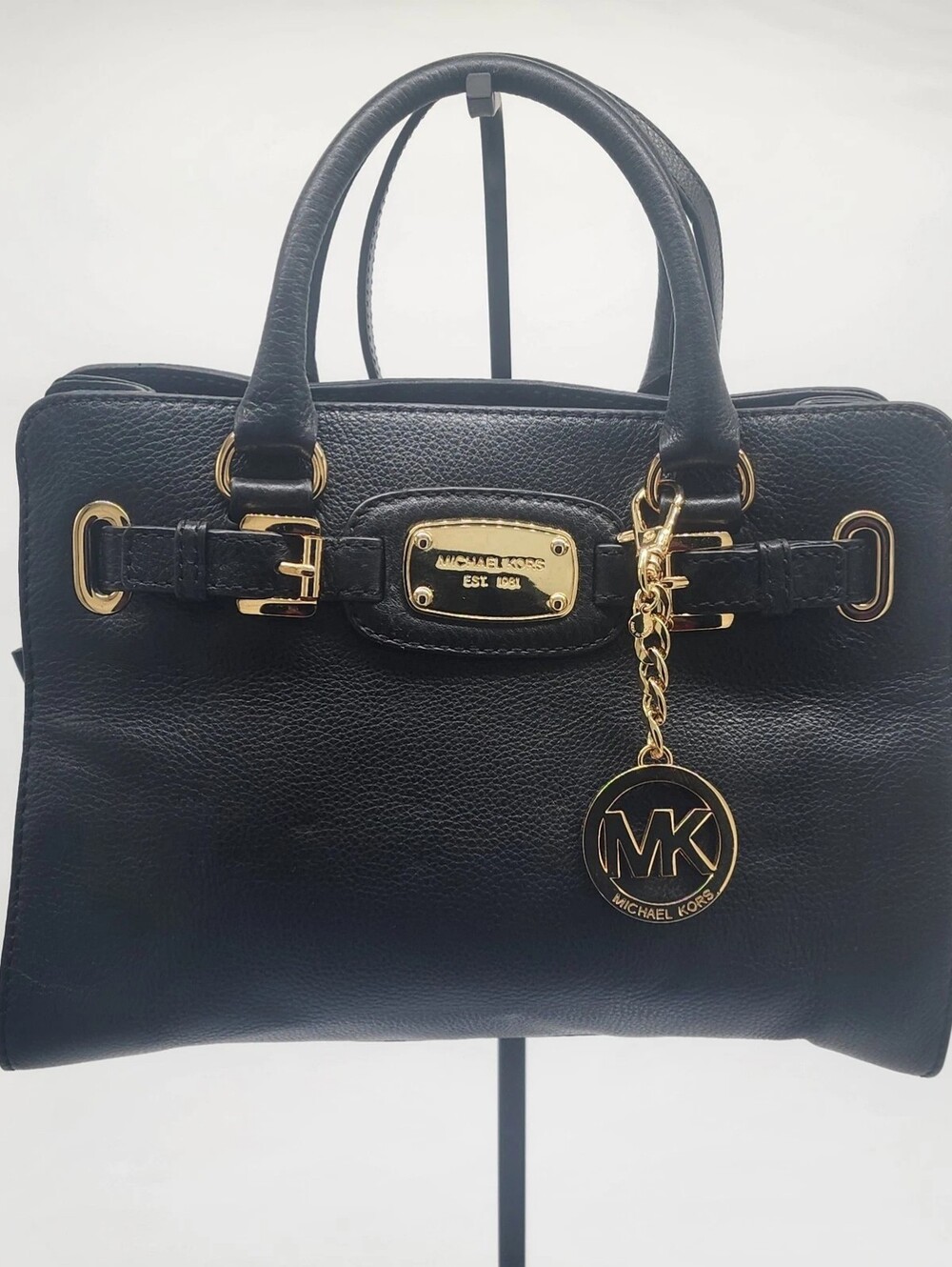 Michael Kors Hamilton Satchel Black Pebbled Leather Gold Hardware